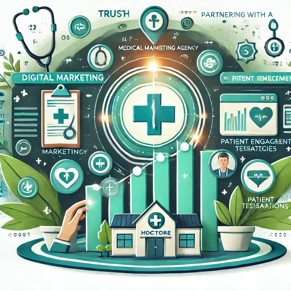 A cartoon illustration of a doctor 's office with a stethoscope surrounded by icons.