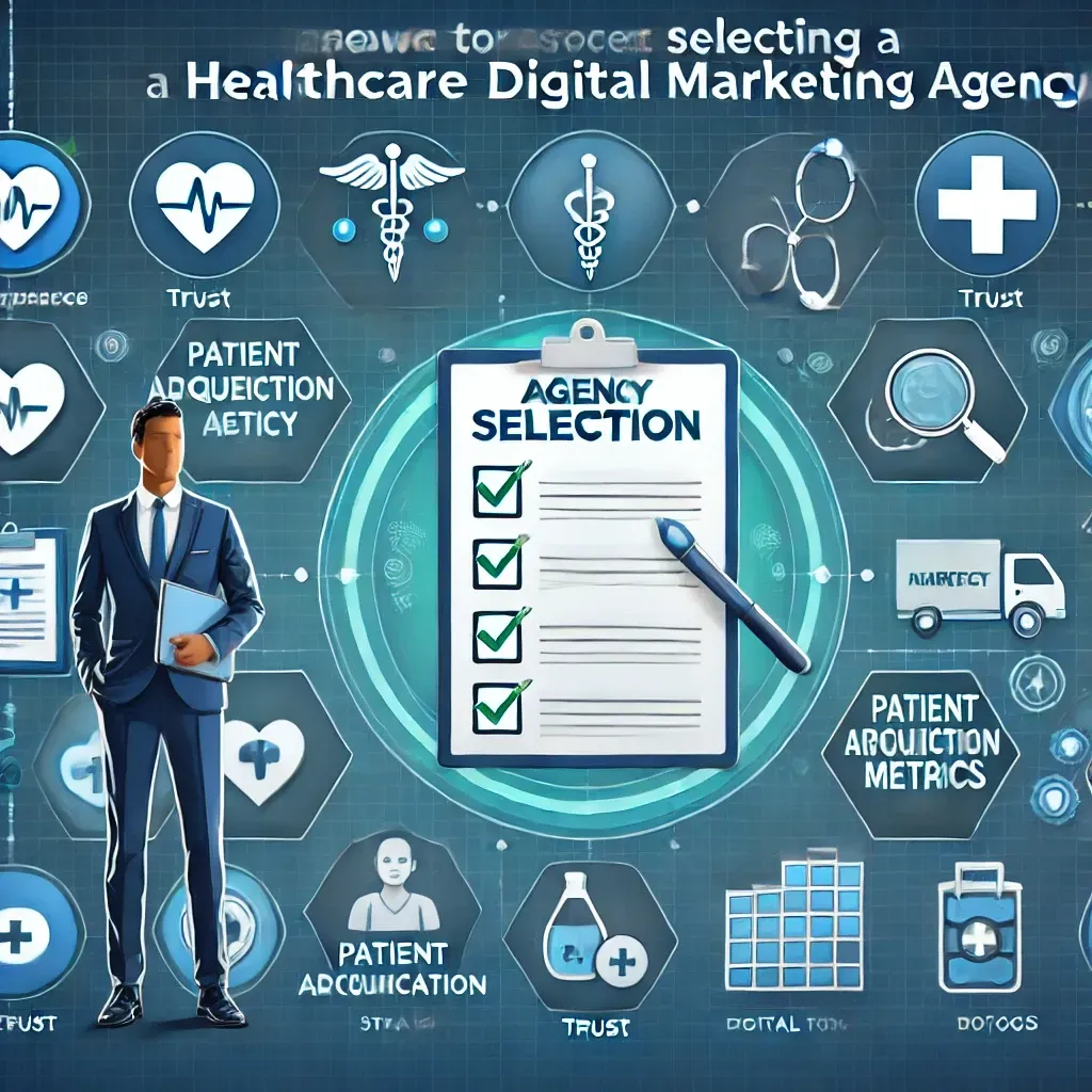A man in a suit is standing next to a clipboard that says agency selection