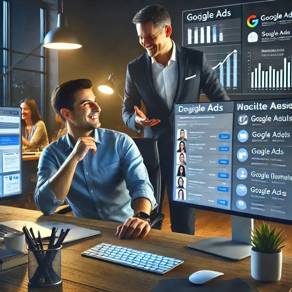 A man is sitting at a desk in front of a computer screen that says google ads