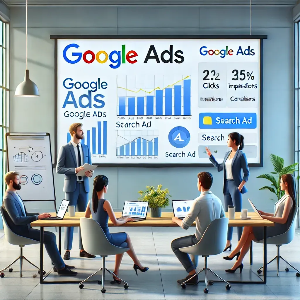 A digital marketing consultant presenting a Google Ads strategy to a small business team in a modern office. The presentation screen shows charts with metrics like clicks, impressions, and conversions, alongside an example of a search ad. The team appears engaged, with laptops and a whiteboard in the collaborative workspace.