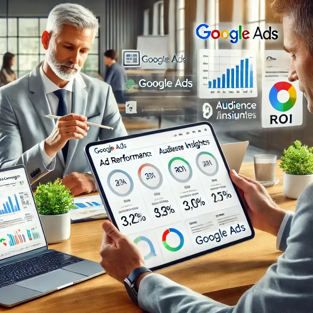 A digital marketing consultant collaborates with a business owner in a modern office, reviewing Google Ads performance metrics on a tablet screen. The setting includes a laptop displaying a Google Ads certification, emphasizing expertise and partnership in optimizing ad campaigns for improved ROI and audience targeting.