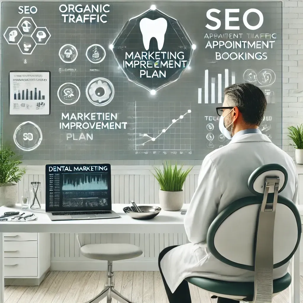A modern dental office where a dentist consults with a dental marketing expert. A laptop on the desk displays analytics with metrics like 