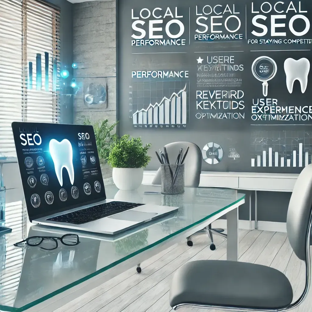 A modern dental office showcasing the importance of SEO for staying competitive. A laptop displays a website analytics dashboard with metrics like 