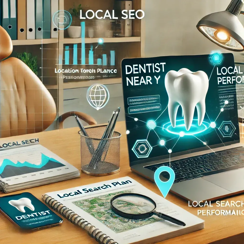 A modern dental office showcasing local SEO strategies. A laptop displays a Google search for 