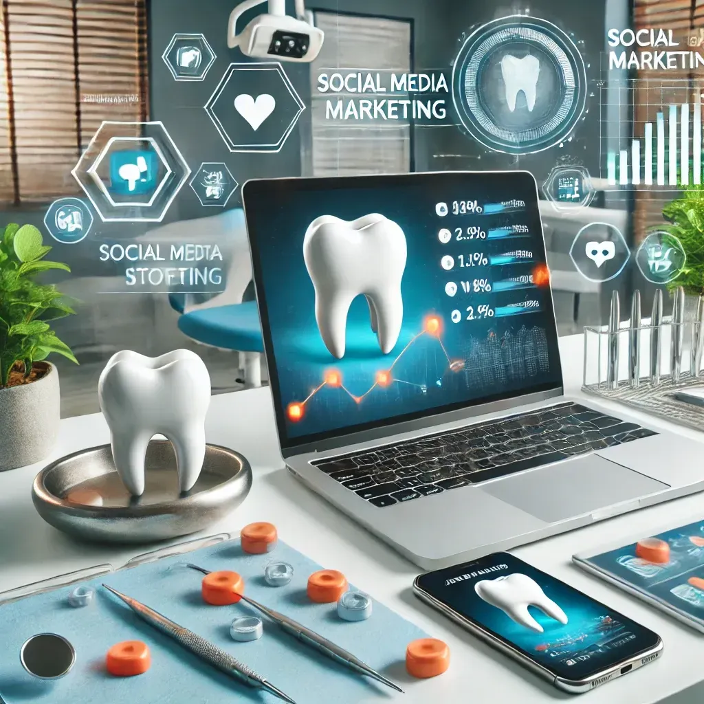 A dental office featuring the impact of social media marketing. A laptop displays social media analytics with metrics such as 