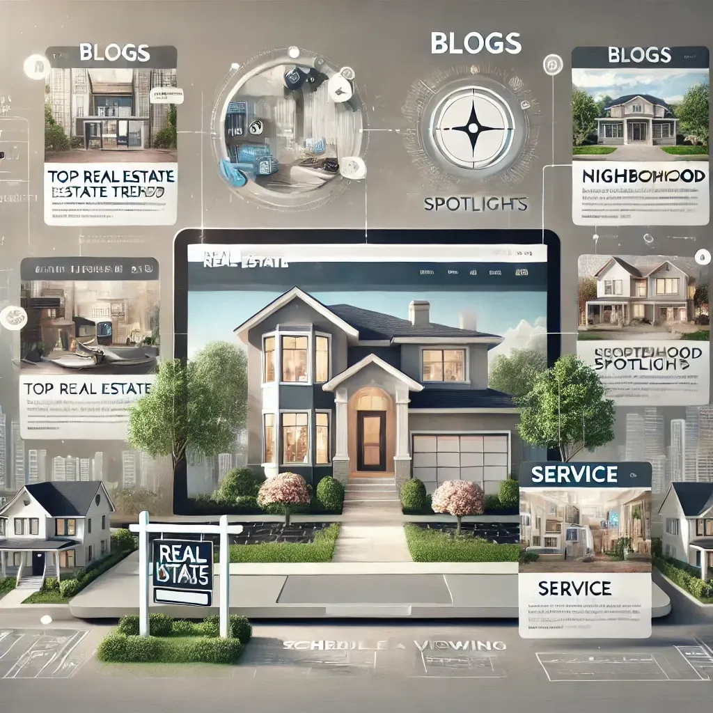 A modern digital illustration featuring a professional real estate website with a landing page showcasing high-resolution property images, a 