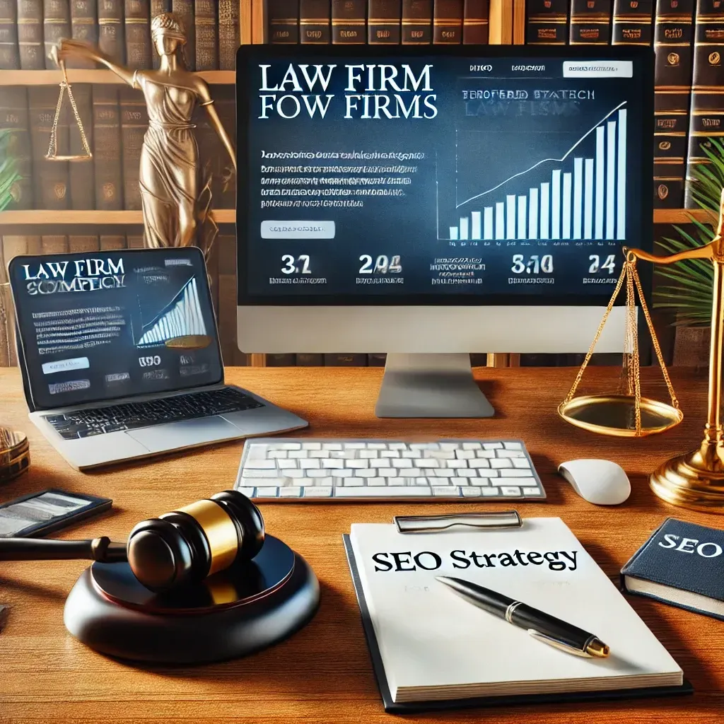 A professional office setup featuring a desktop displaying a law firm website with analytics showing improved rankings, a tablet with keyword research tools, and a notepad labeled 