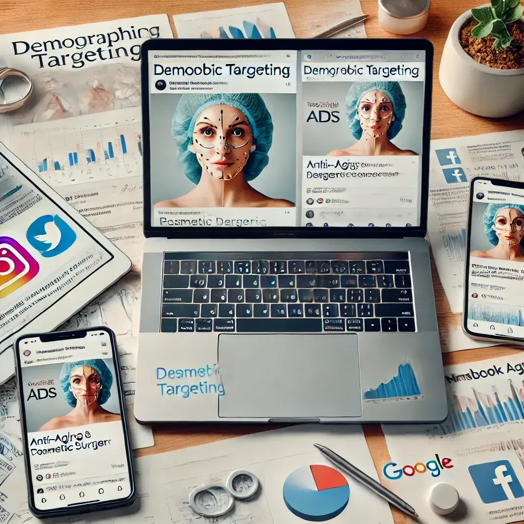 A modern digital marketing setup featuring a laptop with a Google Ads dashboard, a tablet showing Instagram posts on cosmetic procedures, and a smartphone displaying Facebook ads targeted by demographics. Notes on patient targeting and visuals of anti-aging and minimally invasive treatments highlight a strategic approach to audience engagement for cosmetic surgery practices.