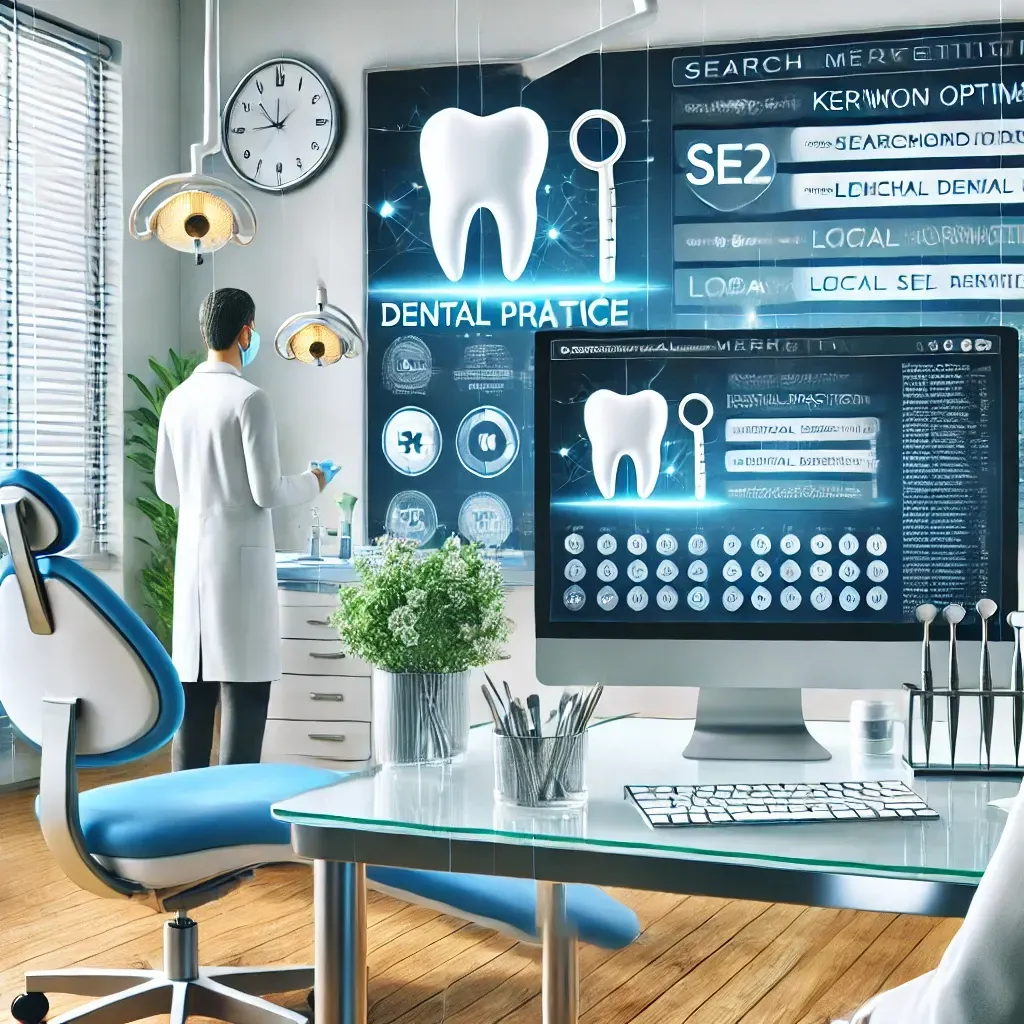 A modern dental office with a computer screen displaying top search engine rankings, keyword optimization charts, and local SEO metrics. A dentist and a digital marketing expert collaborate in a professional, brightly lit environment, highlighting strategies to boost online visibility and attract more patients.