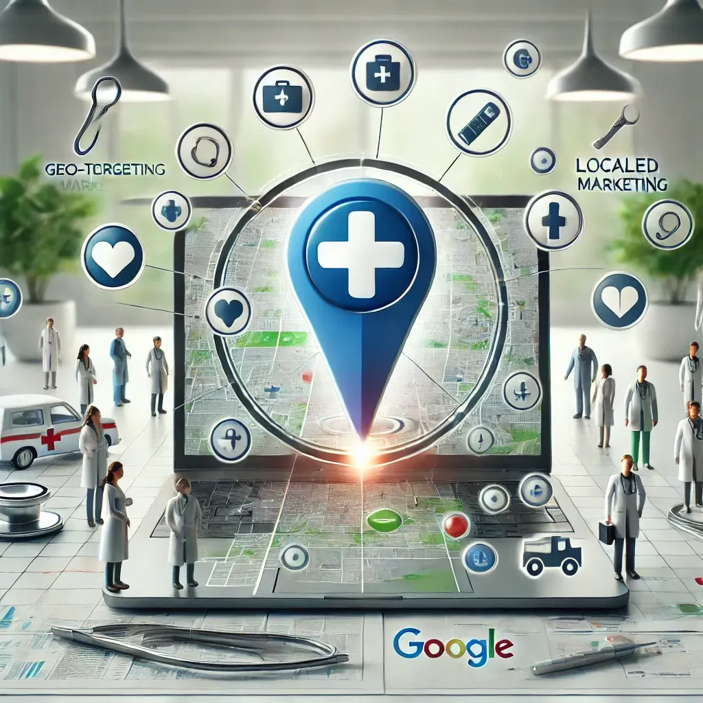 A modern digital marketing image for the healthcare industry, featuring a map with geo-targeting markers, healthcare icons like stethoscopes, and a laptop displaying a Google Ads dashboard, symbolizing localized and precise targeting for increased patient engagement.