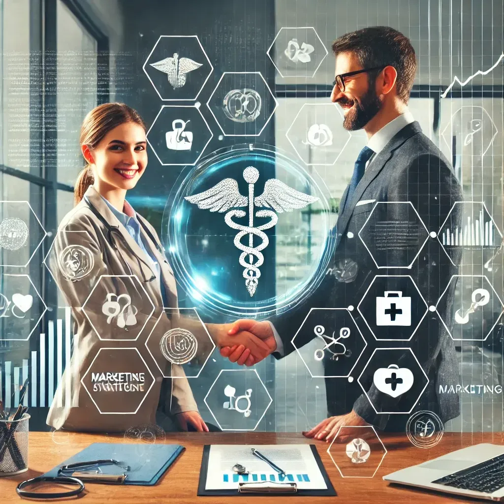 A healthcare professional shaking hands with a marketing consultant in a modern office, surrounded by symbols of success such as growth charts, a marketing dashboard, and medical icons like a stethoscope, emphasizing collaboration and effective healthcare marketing strategies.