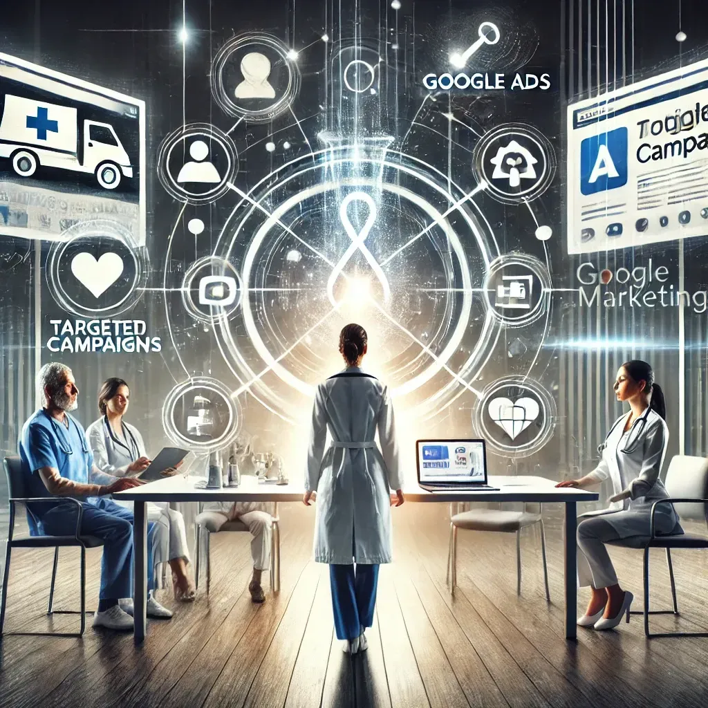 A visual representation of digital marketing's role in healthcare success, featuring screens displaying a website, Google Ads, and social media platforms surrounded by icons for targeted campaigns and patient engagement. A healthcare professional interacts with a patient, emphasizing trust and growth in a modern, professional setting.