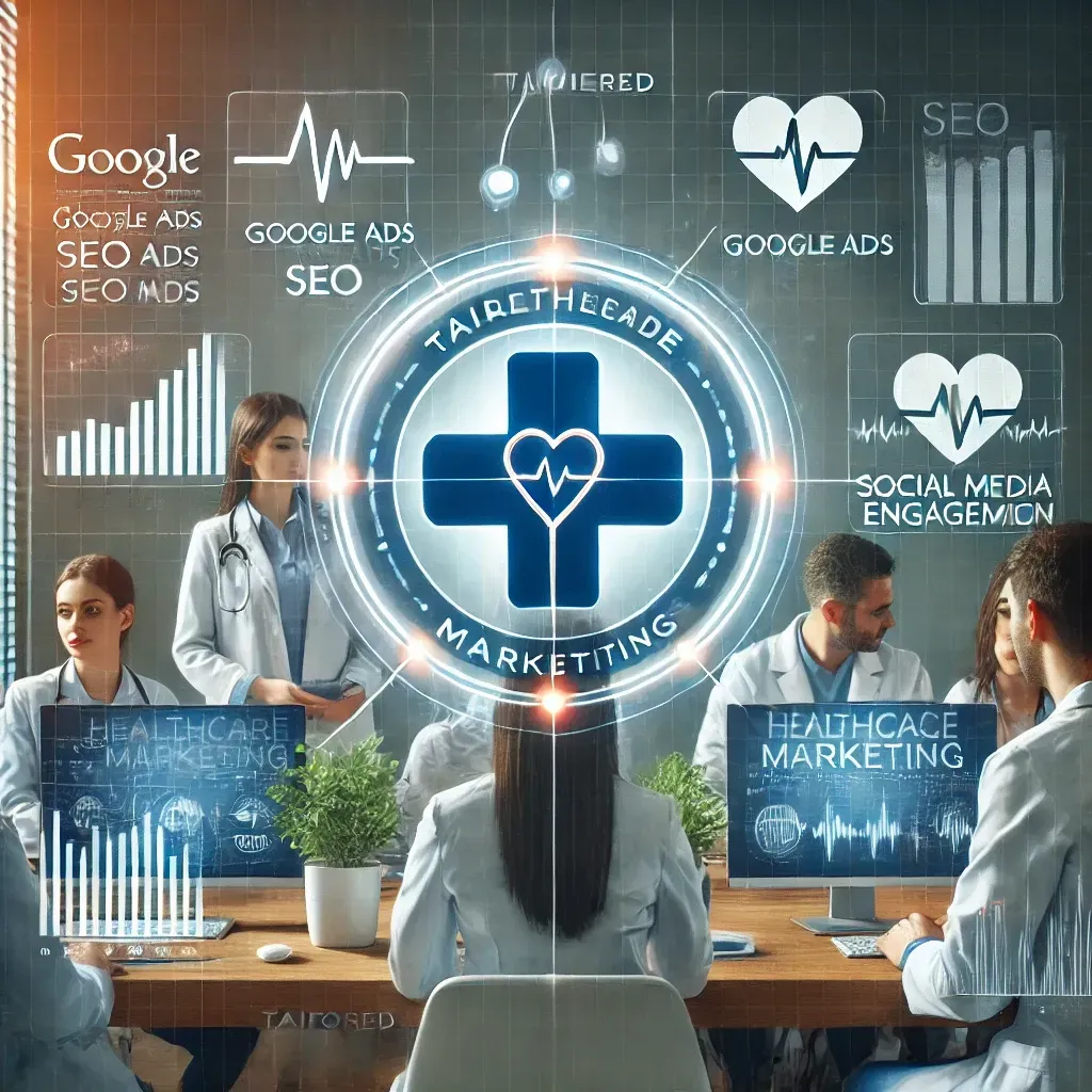 A digital representation of healthcare marketing solutions, featuring a clinic's logo on a screen surrounded by analytics dashboards for Google Ads, SEO, and social media. A marketing team collaborates in the background, with medical symbols like a stethoscope and heart rate monitor integrated to highlight patient-focused growth.