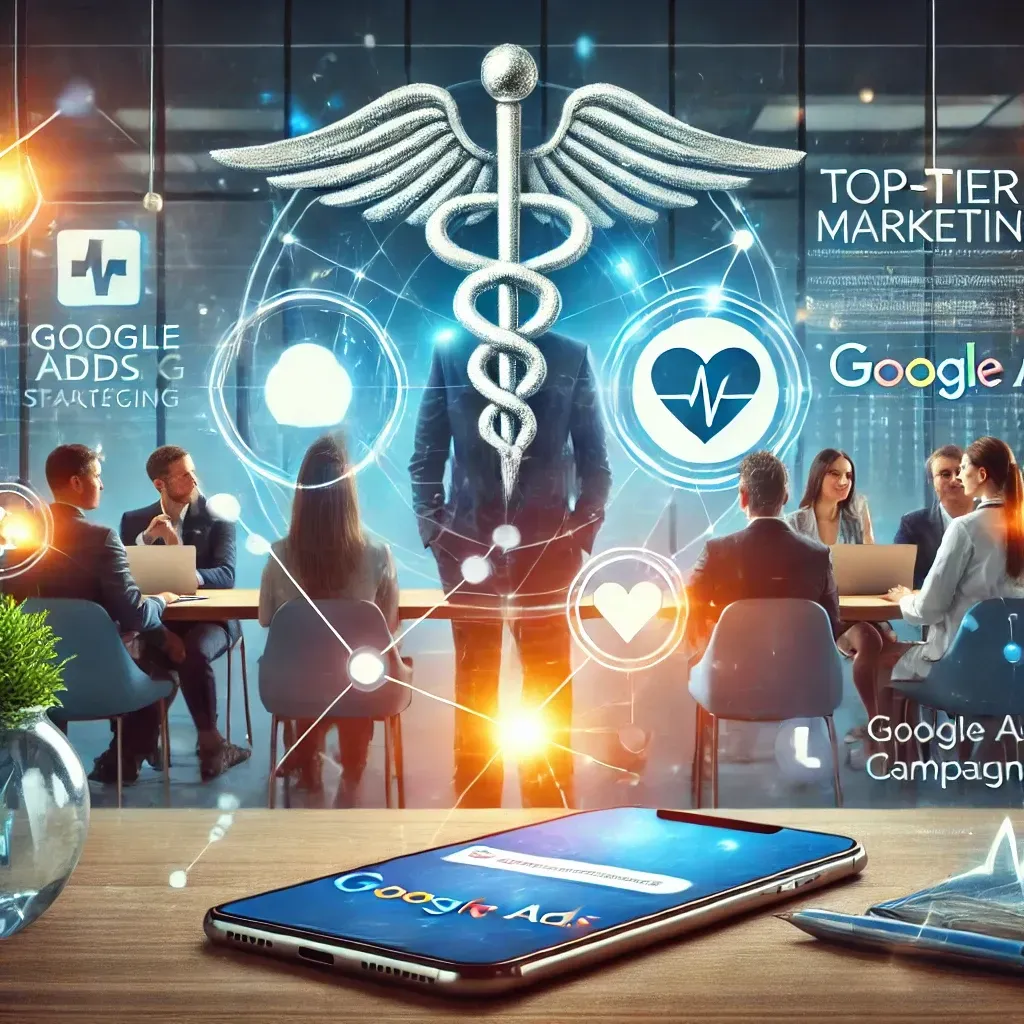 A professional representation of top-tier healthcare marketing strategies, featuring a high-ranking healthcare website, a Google Ads dashboard, and engaging social media posts. A collaborative marketing team works in the background, with subtle medical symbols like a caduceus and heart icon emphasizing patient-focused growth and innovation.