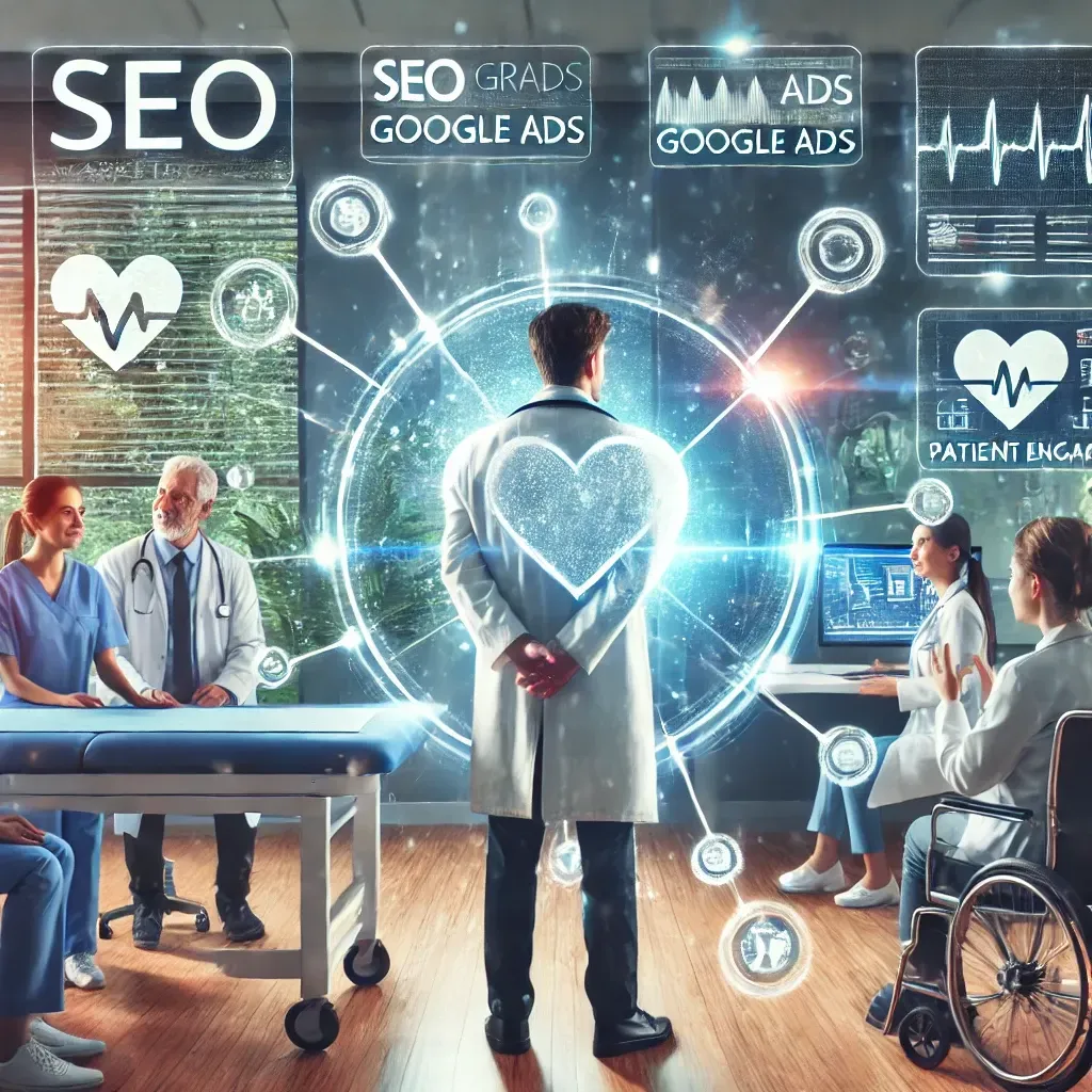 A healthcare provider interacting with patients in a modern clinic, alongside digital marketing visuals like SEO graphs, Google Ads, and patient engagement metrics on screens. Medical icons like a stethoscope and heart symbol emphasize the role of marketing in achieving healthcare success through trust, growth, and innovation.