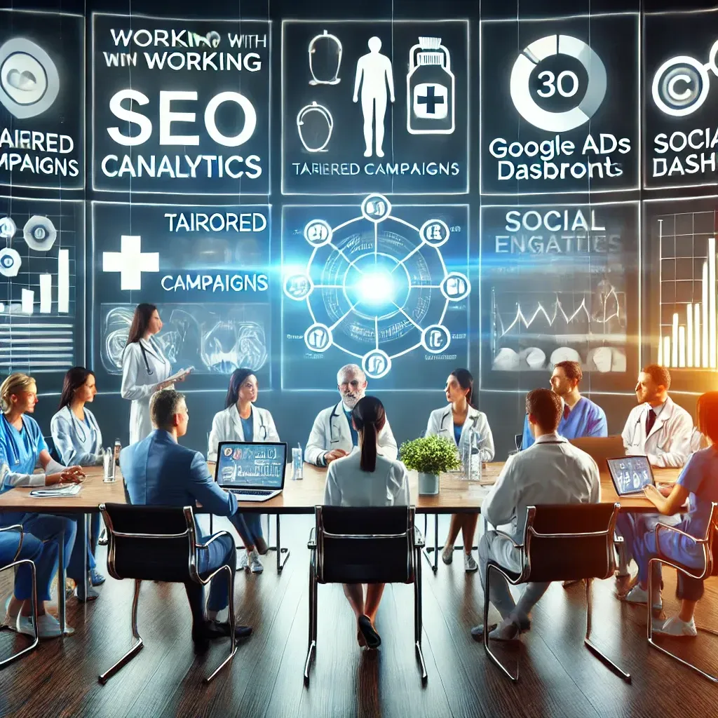 A healthcare provider collaborates with marketing experts in a modern office, surrounded by digital screens showcasing tailored campaigns, SEO analytics, Google Ads dashboards, and social media metrics. Subtle medical icons and patient engagement charts emphasize the expertise and measurable success of top healthcare marketing agencies.