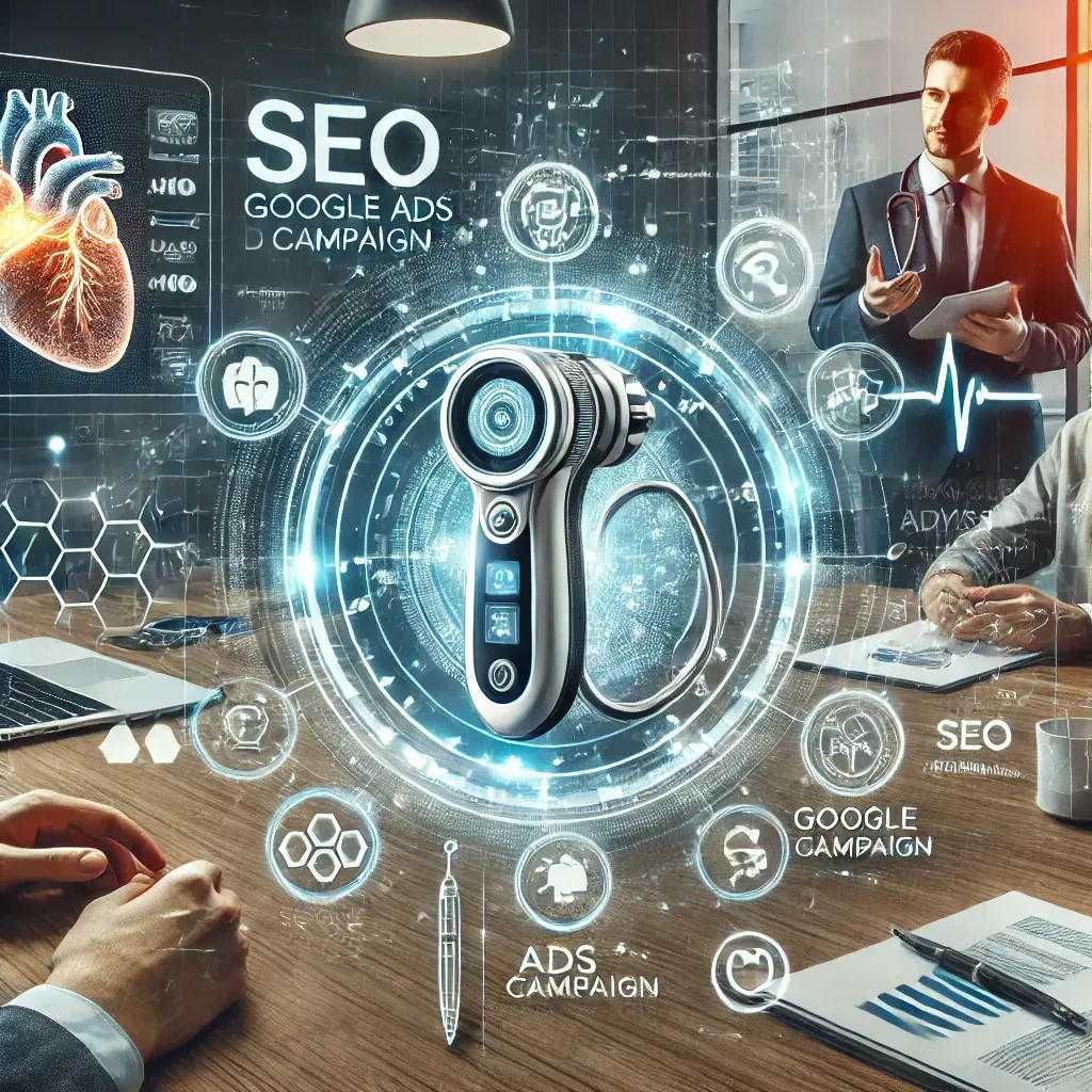 A medical device showcased on a digital screen with educational content, SEO analytics, and a Google Ads campaign dashboard. A healthcare professional collaborates with marketing experts in a modern office, emphasizing strategies for promoting medical devices in the healthcare industry.