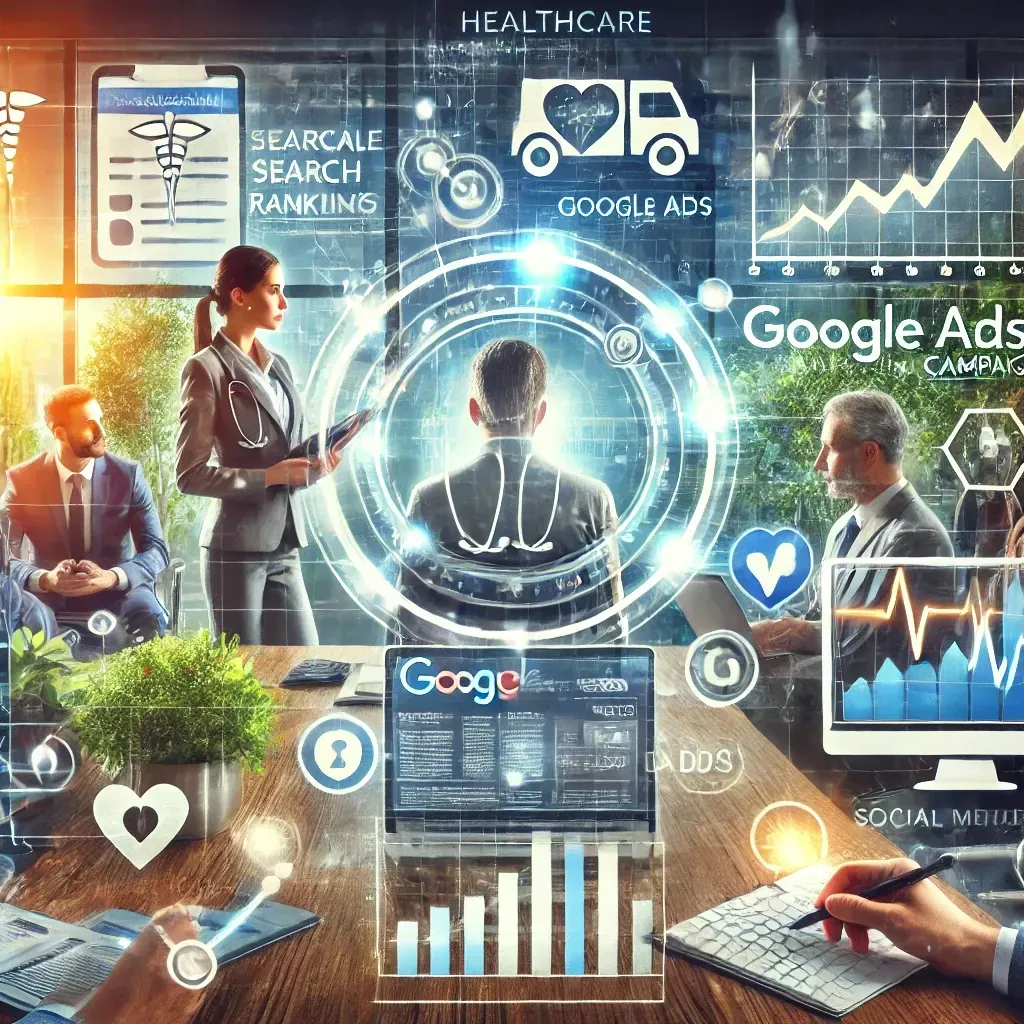 A dynamic visualization of a healthcare business transforming through marketing, featuring a high-ranking website, Google Ads dashboard, social media feed, and growth charts. A healthcare provider collaborates with marketing experts in a modern office, emphasizing patient engagement and success through strategic marketing.
