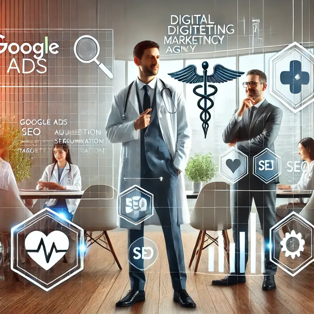 A healthcare professional collaborating with marketing experts in a modern office, surrounded by visuals of Google Ads dashboards, SEO metrics, and audience segmentation charts. Subtle medical symbols like a caduceus and heart icon emphasize innovation and success in healthcare digital marketing.