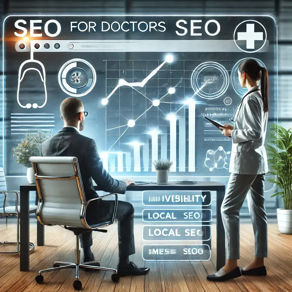 A healthcare website ranking at the top of a search engine results page, with analytics charts showing increased visibility and local SEO metrics. A doctor collaborates with a marketing expert in a modern office, emphasizing the role of SEO in healthcare marketing success.