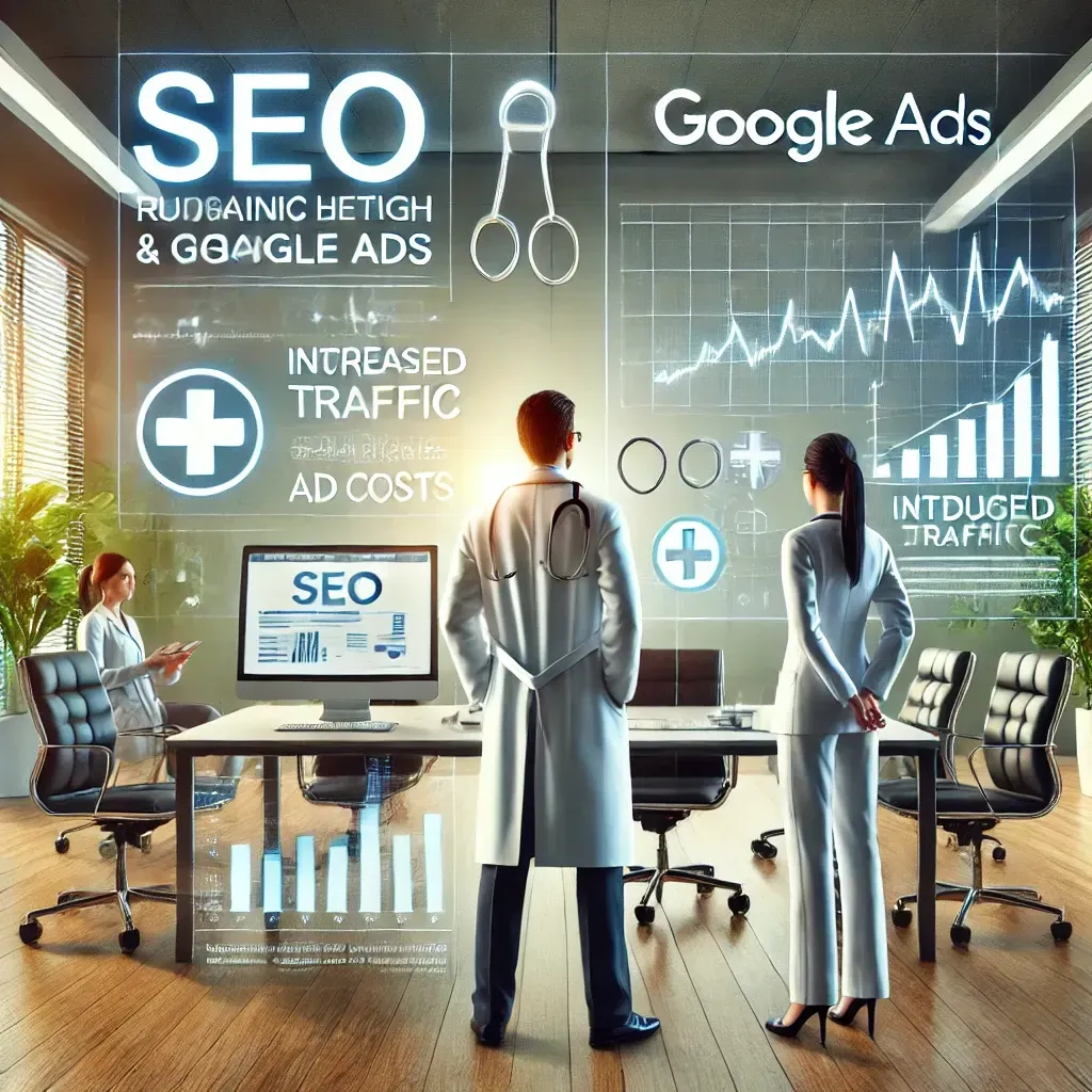A healthcare website ranking high in organic search results, alongside a Google Ads dashboard displaying campaign performance metrics. Charts highlight increased traffic and reduced ad costs, with a healthcare provider collaborating with a marketing expert in a modern office. Subtle medical icons emphasize the healthcare focus and synergy between SEO and Google Ads.