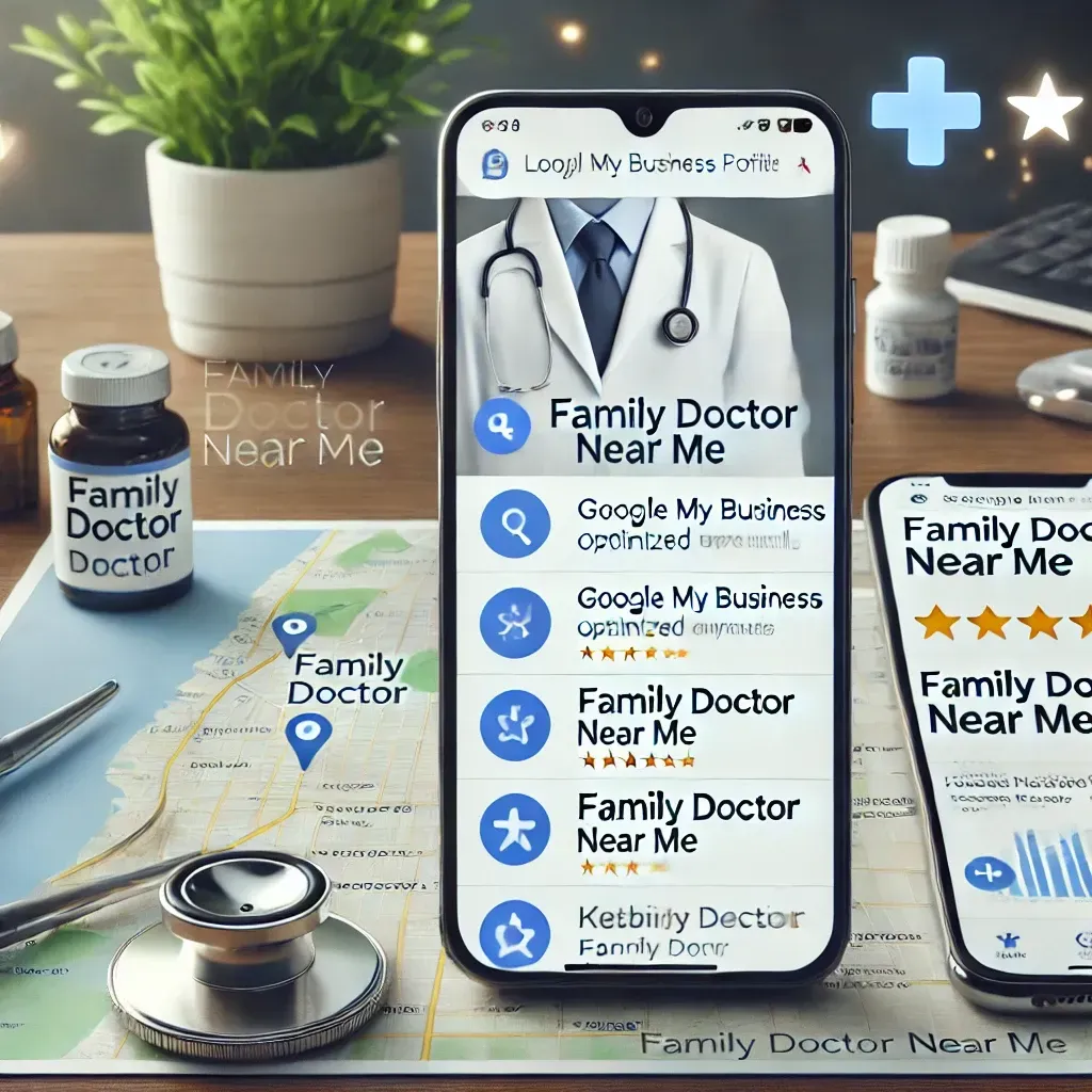 A Google My Business profile optimized with accurate details, a map highlighting a doctor's office, and a search engine result for
