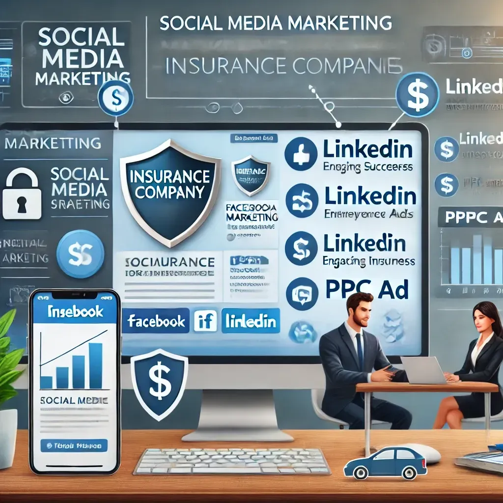 A desktop displaying a Facebook page for an insurance company with tips and success stories, a LinkedIn feed with engaging content, and a smartphone showing PPC ad performance. The background features a marketing professional and an insurance agent collaborating in an office, highlighting social media marketing strategies for insurance companies.