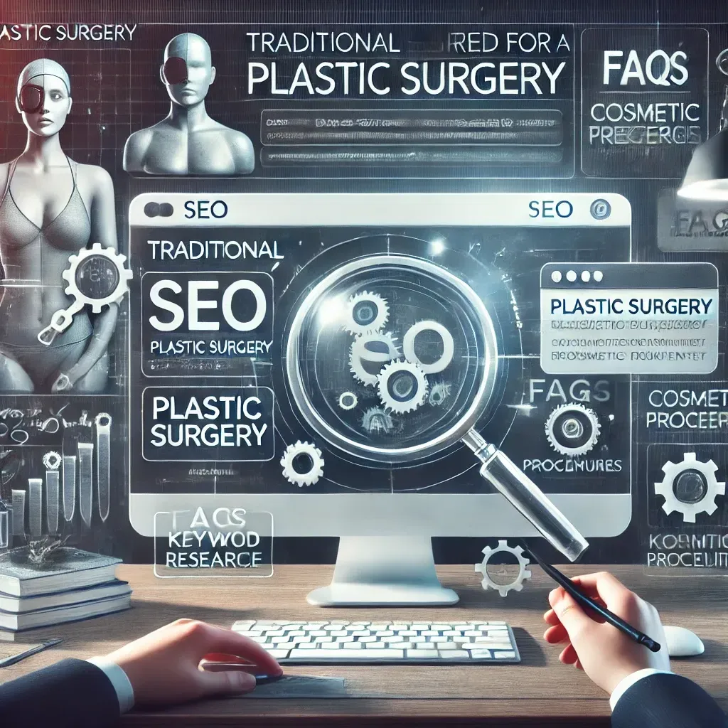 Illustration of traditional SEO strategies for a plastic surgery website, featuring a website interface with highlighted sections like blogs and FAQs. Surrounding the screen are a keyword cloud, a magnifying glass for keyword research, and gears representing optimization. The background includes a cosmetic surgery catalog and 'before-and-after' photo, reflecting the plastic surgery theme.