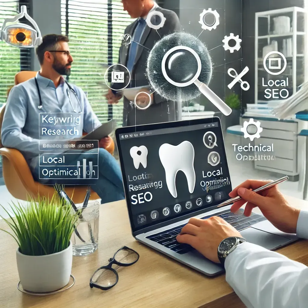 A professional dental office featuring a laptop displaying a dental website with high search engine rankings. Icons for keyword research, local SEO, and technical optimization surround the scene, while a dentist collaborates with an SEO expert in the background, symbolizing the growth and partnership provided by a dentist SEO company.