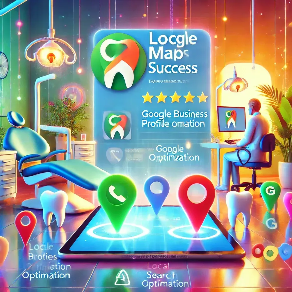 A tablet displaying a Google Maps result highlighting a dental practice with positive reviews and high visibility. Surrounding icons represent Google Business Profile optimization, local search queries, and location-specific content. The clean dental workspace underscores the integration of local SEO strategies to attract nearby patients and build community trust.