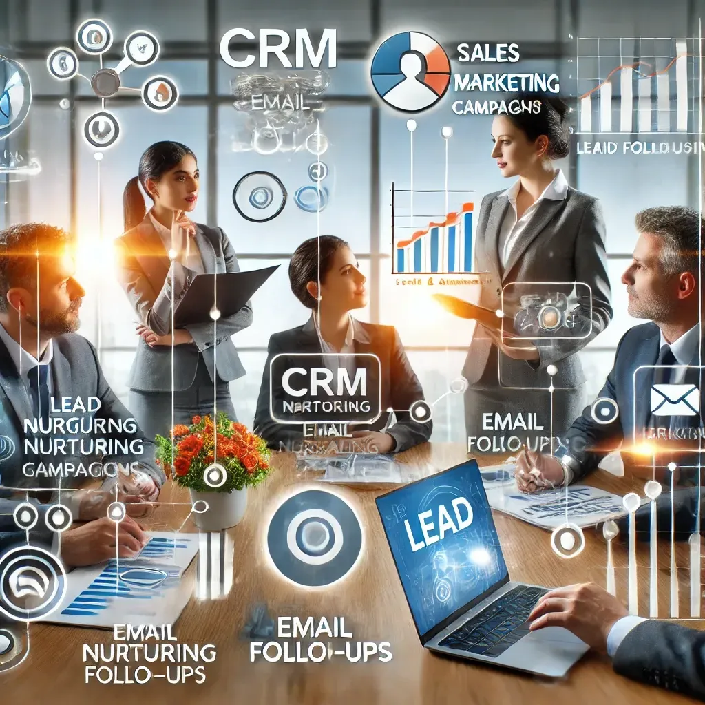 A business workspace with collaborative sales and marketing teams using laptops and tablets displaying CRM software, email marketing campaigns, and lead scoring dashboards. Icons for lead nurturing, follow-ups, and targeted offers surround the scene, emphasizing the power of aligned sales and marketing efforts for effective lead generation.