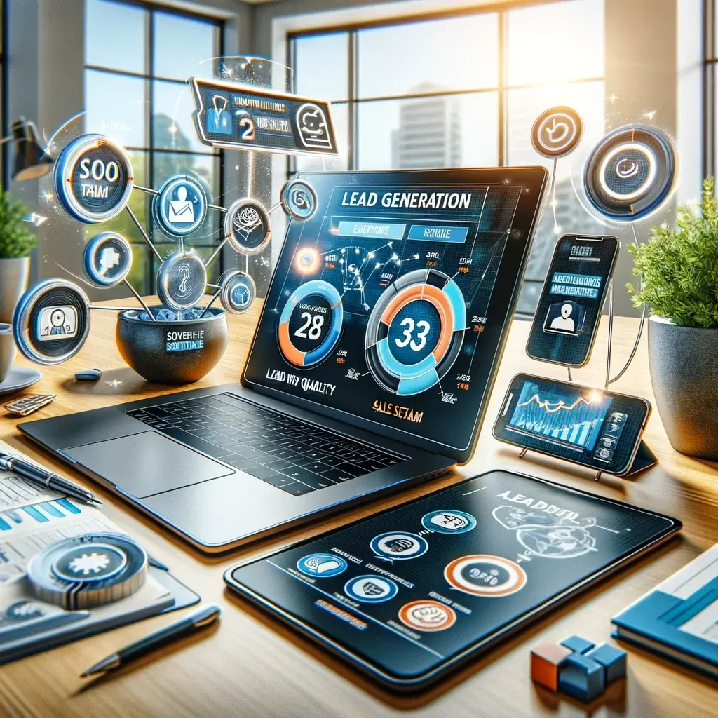 A modern business workspace featuring a laptop displaying a CRM dashboard tracking high-quality leads and a tablet highlighting personalized follow-up strategies. Surrounding icons represent SEO, content marketing, and social media, showcasing the stages of the sales funnel from awareness to decision. The workspace emphasizes the integration of sales team efforts with marketing strategies to boost lead generation success and conversion.