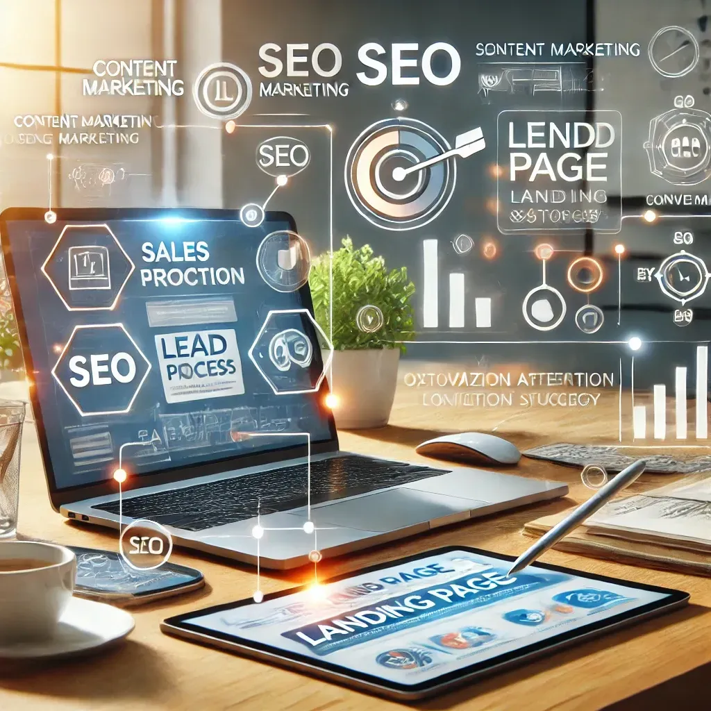 A modern business workspace featuring a laptop displaying a lead generation form with a clear call-to-action and a tablet showing a landing page with targeted messaging and conversion analytics. Surrounding icons for SEO, content marketing, and customer relationship management highlight the sales process from attracting attention to closing the sale, emphasizing the importance of optimized landing pages in lead generation.