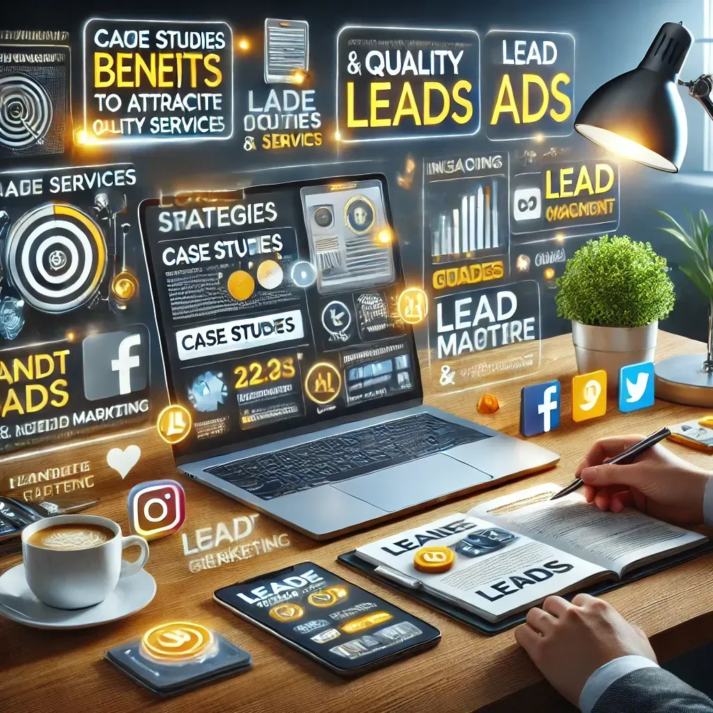 A modern business workspace featuring a laptop displaying a website with case studies, benefits, and compelling content highlighting a product or service. A tablet shows social media platforms like Facebook, Instagram, and LinkedIn with targeted ads, interactive content, and lead magnets. Surrounding icons represent landing pages, lead capture forms, and audience engagement, illustrating the integration of content marketing and social media for effective lead generation and business growth.