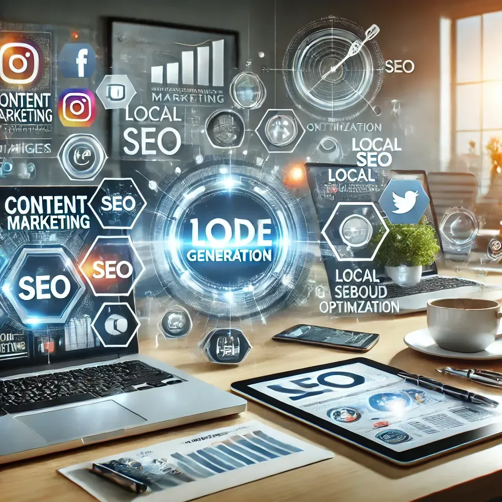 A modern business workspace featuring a laptop displaying content marketing materials like blogs, videos, and guides, while a tablet shows SEO analytics and local SEO optimization. Social media icons and engaging campaigns surround the scene, illustrating the integration of content marketing, SEO, and social media for effective lead generation and business growth.