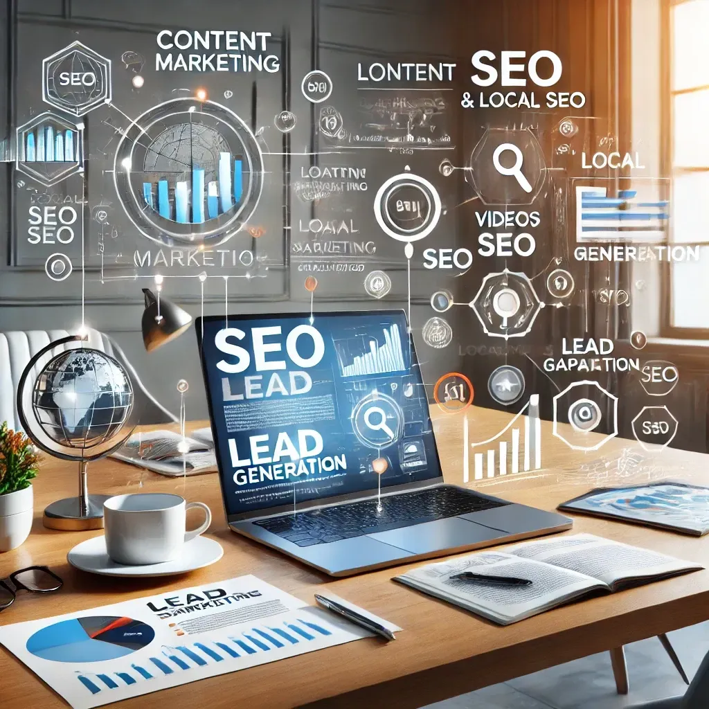 A modern business workspace showing the integration of marketing and lead generation strategies. A laptop displays content marketing materials like blogs, videos, and infographics, while a tablet highlights SEO and local SEO analytics. Surrounding elements include lead capture tools like landing pages and forms, reflecting the seamless flow between marketing and lead generation to drive conversions and business growth.