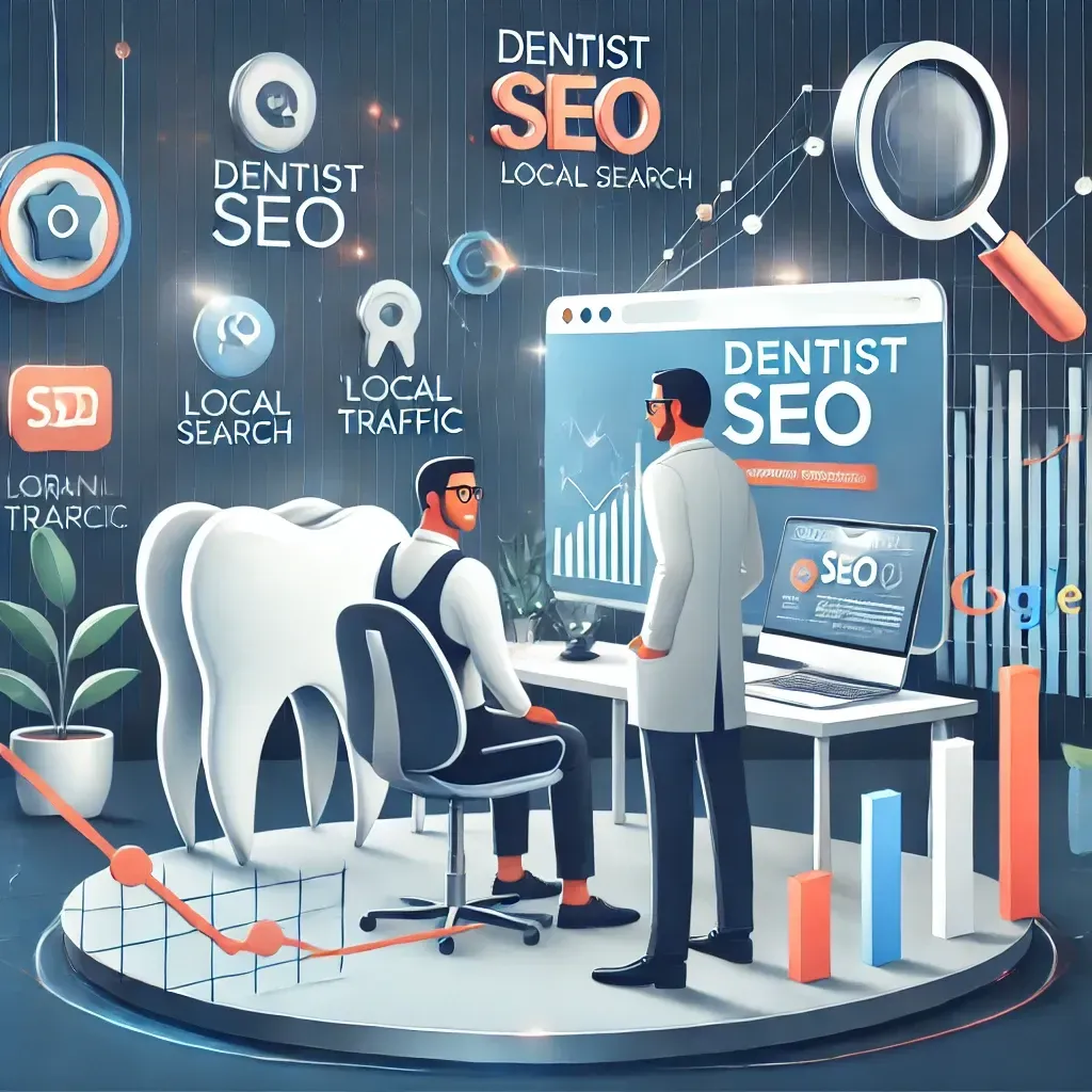 An illustration of a dental website displayed on a laptop with keywords like