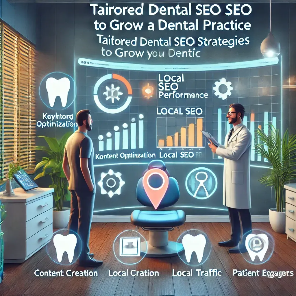 An illustration of a dental office featuring a digital dashboard showcasing metrics like keyword optimization, local SEO performance, and organic traffic growth. Icons for content creation, local maps, and patient engagement surround the dashboard. A consultant from Masterly Tech Group explains strategies to a dentist, with a glowing chart illustrating success. The background includes a patient sign-in area, linking online SEO efforts to real-life appointments.