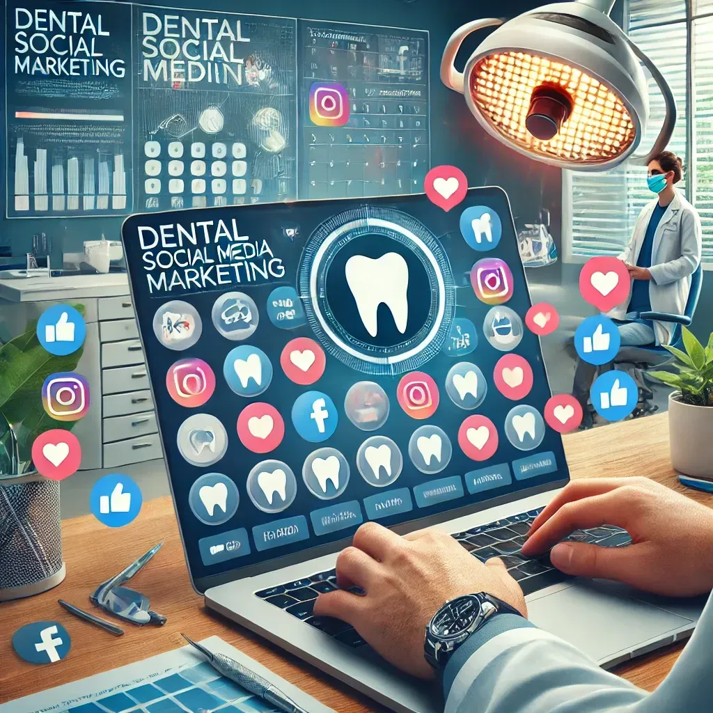 An illustration showing a dentist using a laptop with a vibrant social media dashboard displaying posts for Facebook, Instagram, and LinkedIn. Content includes patient testimonials, educational posts, and promotions. Surrounding icons include likes, comments, and a calendar for post scheduling. A modern dental office and community interactions in the background symbolize trust, engagement, and brand building through dental social media marketing.