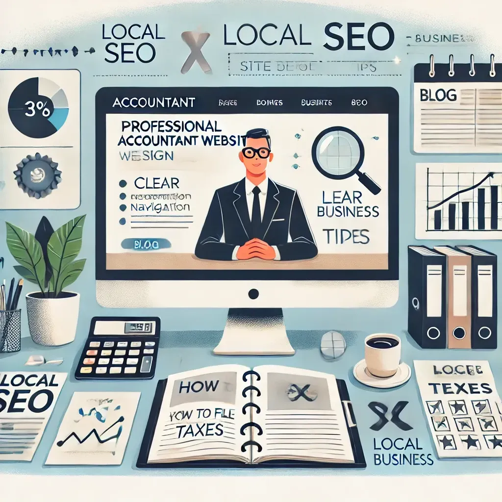An illustration highlighting an accountant's digital marketing strategy, featuring a computer displaying a professional accounting website with sections for tax and accounting services. Surrounding the setup are elements like a notebook labeled