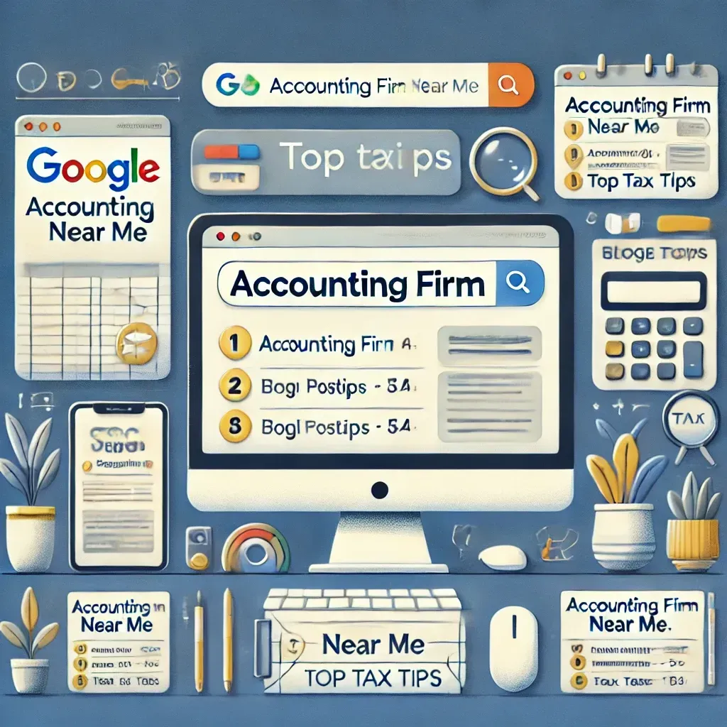 An illustration showcasing strategies to boost an accounting firm's Google search ranking and website design. The computer screen features a high-ranking search engine results page (SERP) for
