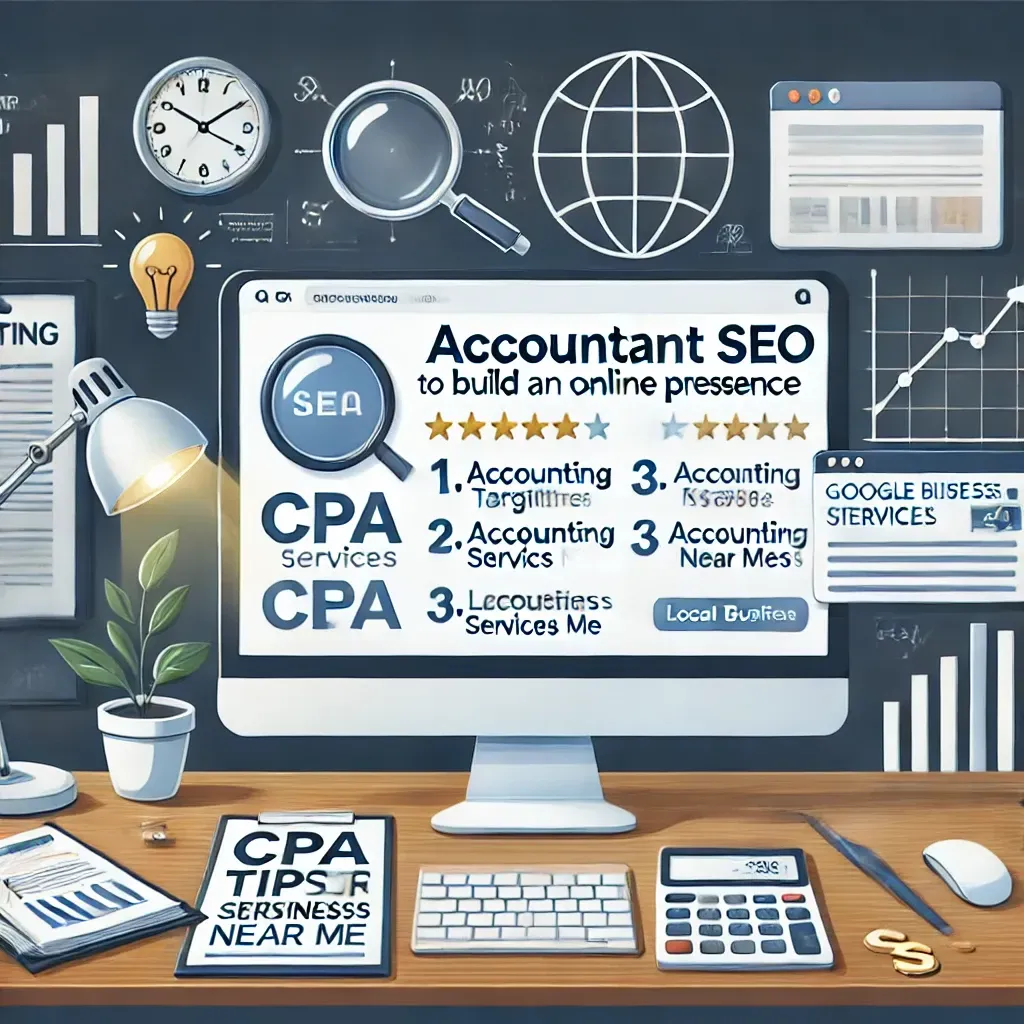 An illustration highlighting accountant SEO services, featuring a computer screen showing a search engine results page (SERP) with an accounting firm ranking for