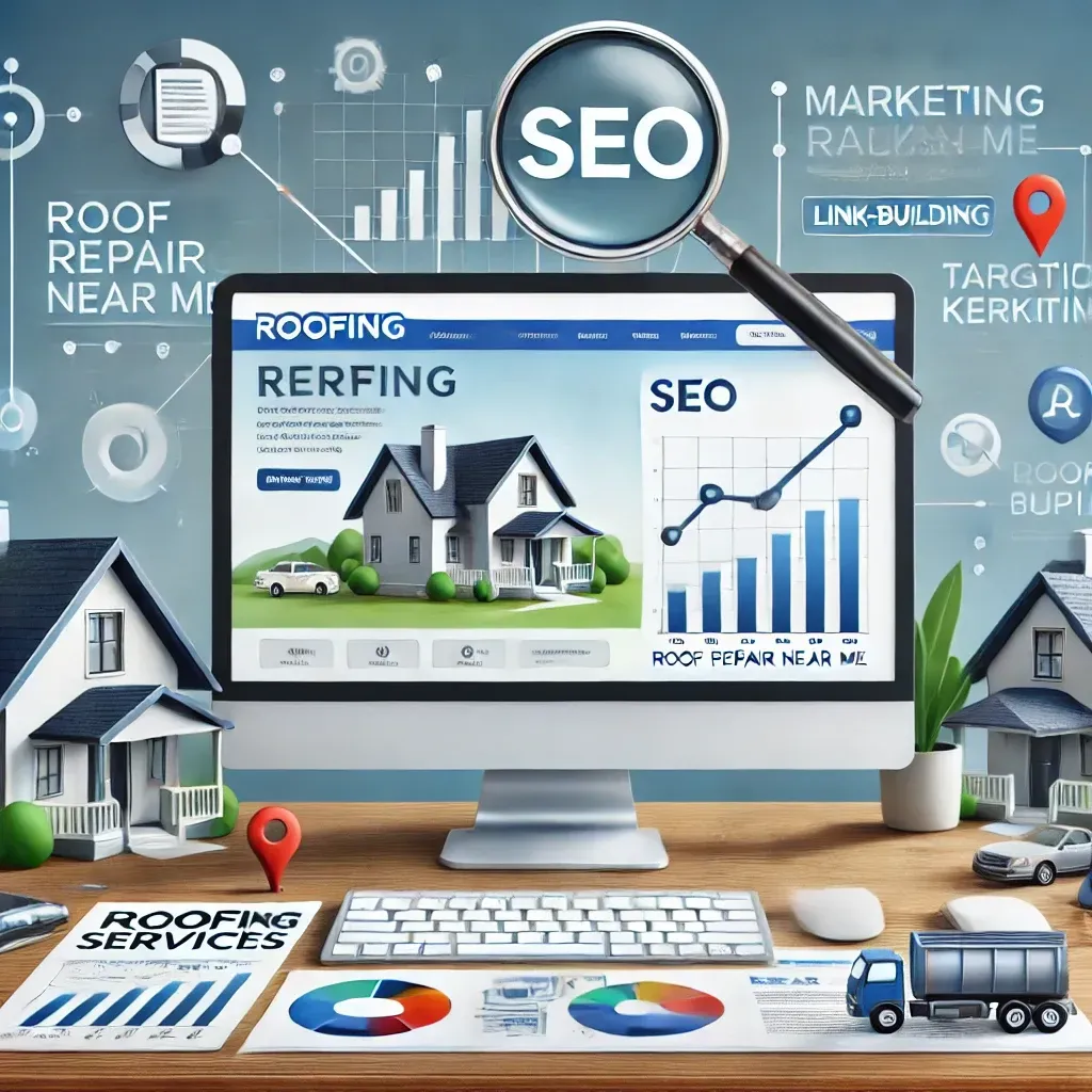 Illustration of a roofing business leveraging digital marketing and SEO strategies, featuring tools like local keyword optimization, website enhancements, and search engine rankings. Visuals include a website dashboard, search results, and targeted digital campaigns emphasizing lead generation and client outreach.