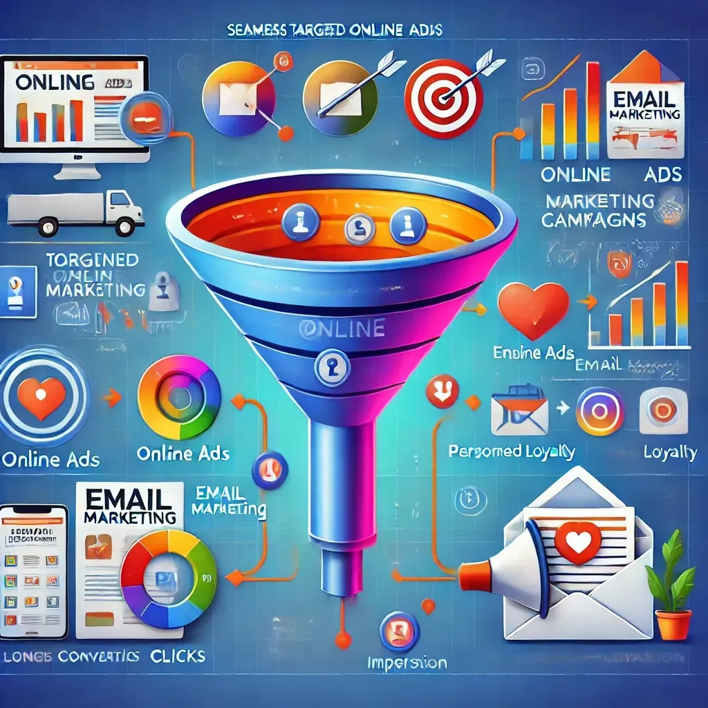 A visual representation of a marketing funnel for an insurance agency, combining targeted online ads at the top with personalized email marketing campaigns at the bottom. The design emphasizes lead conversion, customer retention, and growth, featuring metrics like clicks, impressions, and analytics in a modern digital environment.