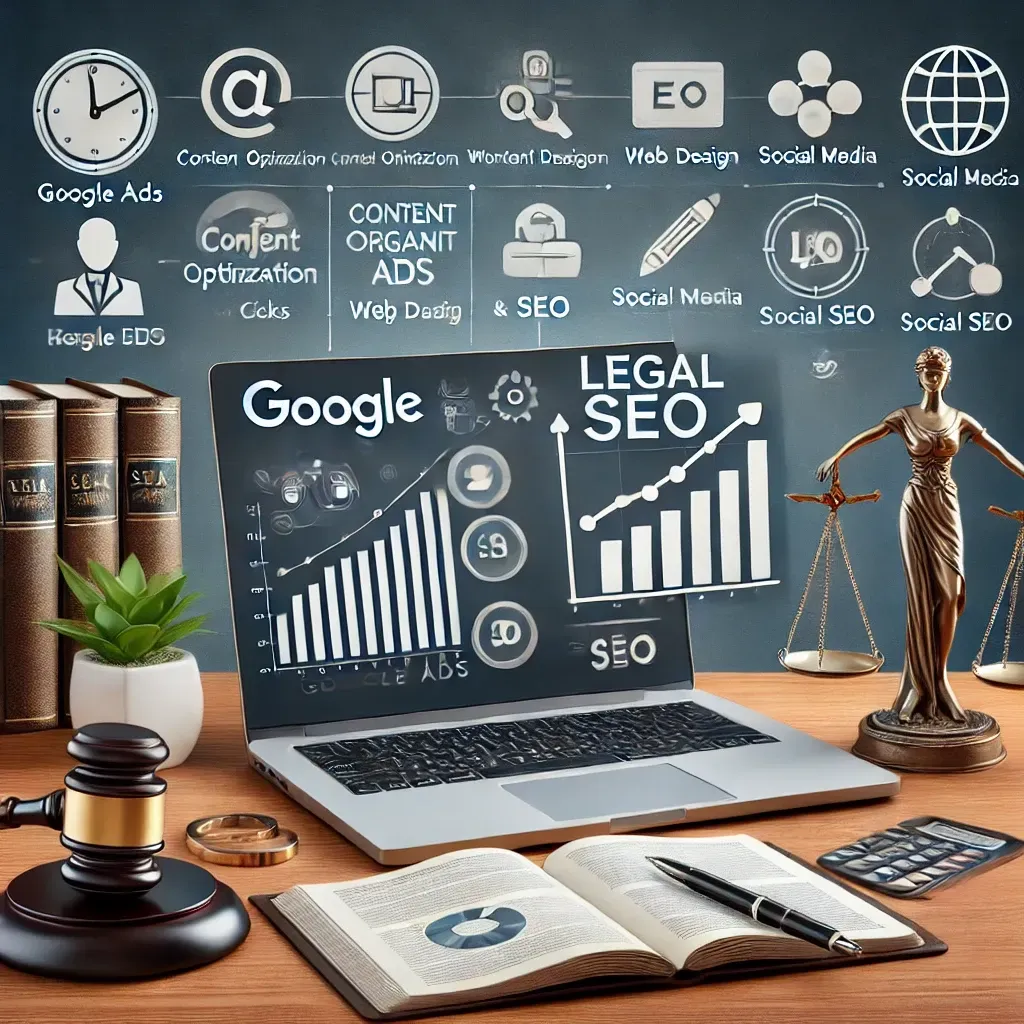Digital marketing concept for law firms featuring a laptop displaying two dashboards: one showing Google Ads performance with metrics like clicks and conversions, and the other showing SEO analytics with rising organic traffic and keyword rankings. Icons for content optimization (writing), web design (ruler and pencil), social media platforms, and local SEO (map pin) surround the laptop. Subtle visuals of scales of justice and a courthouse in the background emphasize the integration of Google Ads and legal SEO strategies for law firm success.