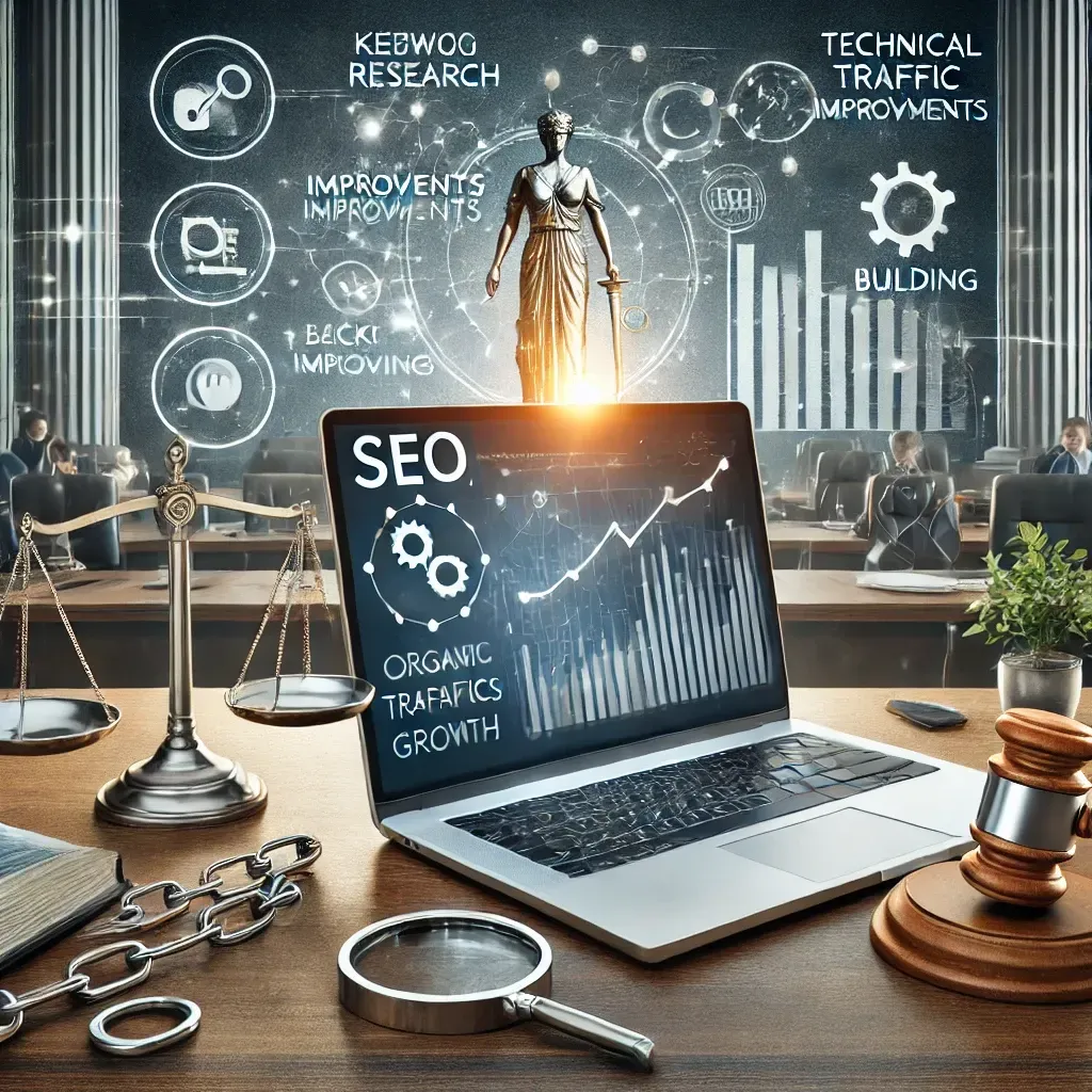 Digital marketing concept for law firms featuring a laptop displaying a law firm's website analytics dashboard with SEO metrics like keyword rankings, organic traffic growth, and backlink improvements. Surrounding the laptop are icons for keyword research (magnifying glass), technical improvements (gear), and link building (chain links). Subtle visuals of scales of justice and a courthouse appear in the background, symbolizing SEO-driven growth for law firms.