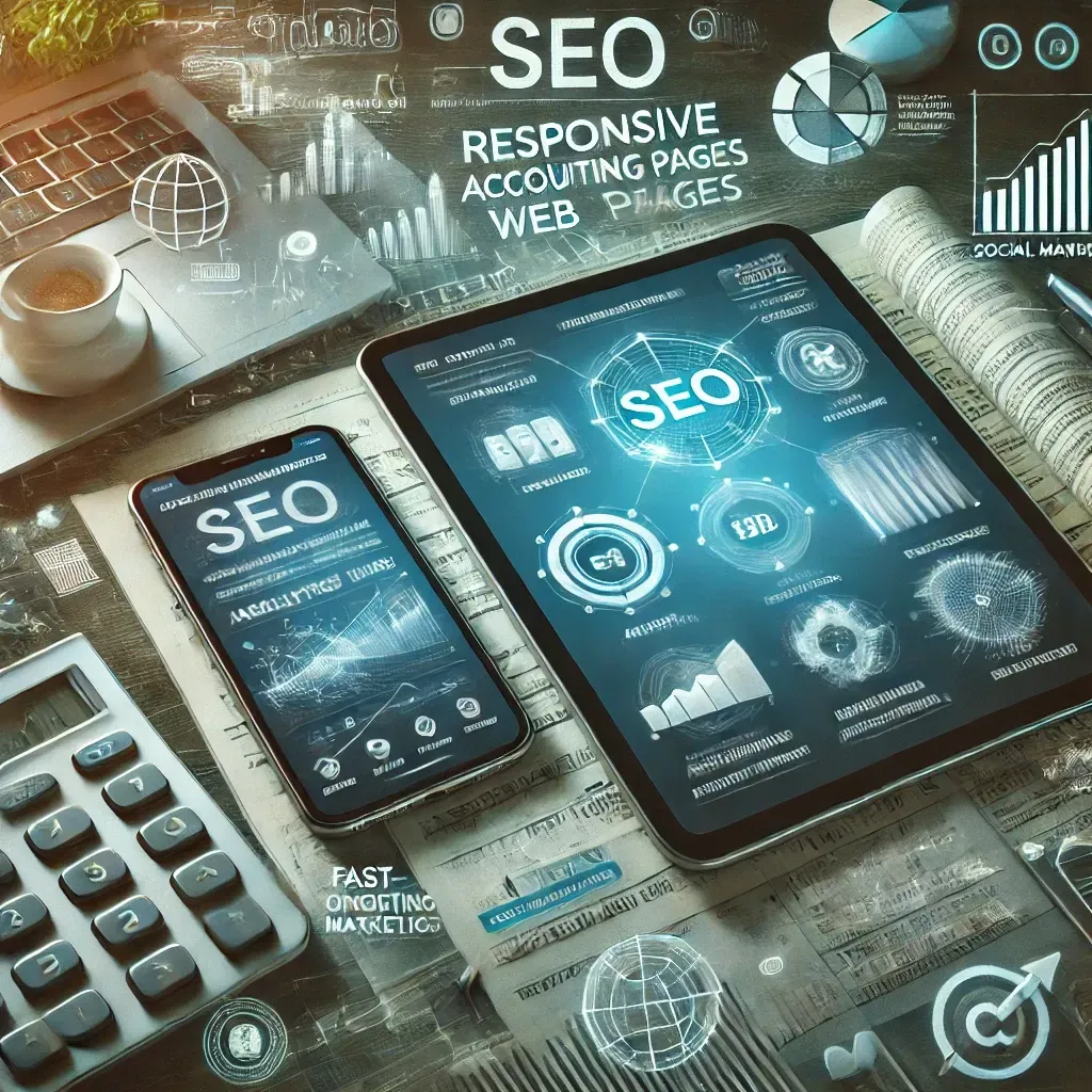 An image showcasing the optimization of web pages for an accounting firm's SEO success. The scene features a tablet and smartphone displaying a responsive accounting website with fast-loading analytics data on the homepage. Surrounding the devices are icons representing digital marketing strategies, including SEO, social media, and email outreach. The background subtly incorporates financial tools like a calculator and spreadsheets. The color scheme of blue, green, and white highlights trust, technology, and accessibility.