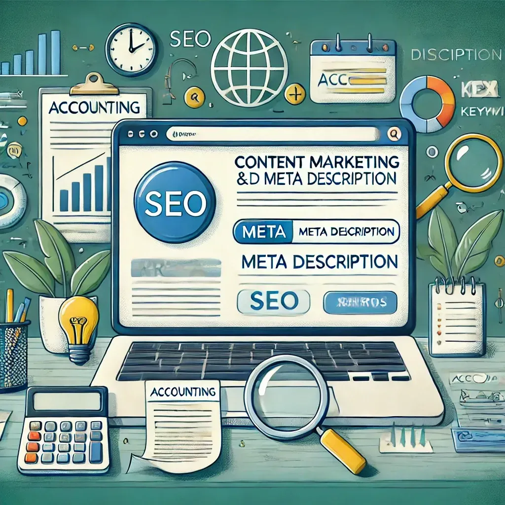 An image highlighting the role of content marketing and meta descriptions in SEO for accountants. The scene shows a desktop displaying an accounting website with a blog post and a highlighted meta description on a search engine results page (SERP). Surrounding icons represent writing tools, keywords, and analytics. The background subtly integrates financial elements like calculators and reports. The color scheme of blue, green, and white conveys trust, strategy, and professionalism.