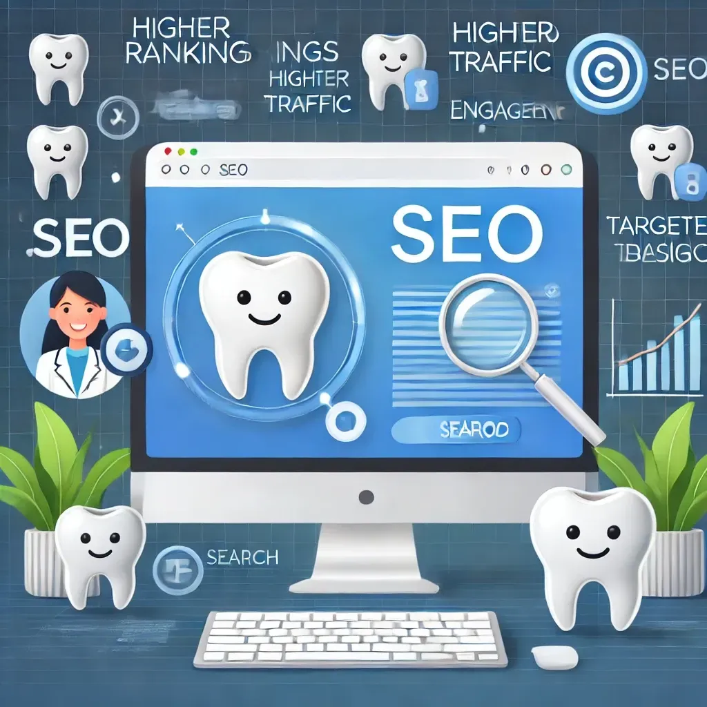 An illustration of a dentist's website ranking at the top of search engine results on a desktop screen, surrounded by icons representing SEO elements like higher rankings, targeted traffic, and user engagement. The background features dental-themed graphics such as tooth icons and smiling patient imagery, emphasizing the impact of SEO in acquiring patients for dental practices. The scene highlights digital marketing success with a professional and vibrant design.