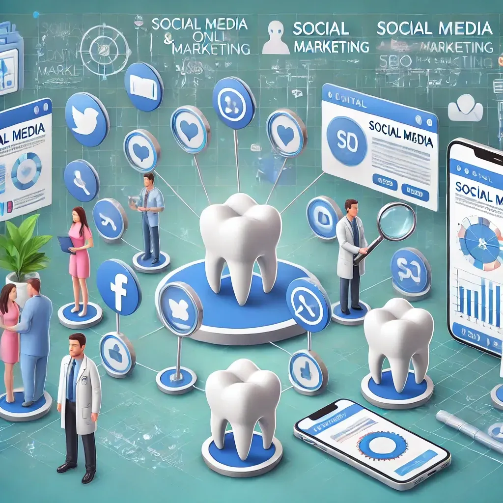 An illustration showcasing the integration of social media and online marketing for dental practices. It features a dental website surrounded by icons of social media platforms, graphs, and charts representing SEO campaigns and search rankings. Additional visuals include a smartphone with social media notifications, a dentist interacting with patients, and elements like email marketing and mobile optimization. The background emphasizes digital connectivity, trust-building, and enhanced online visibility for attracting patients.